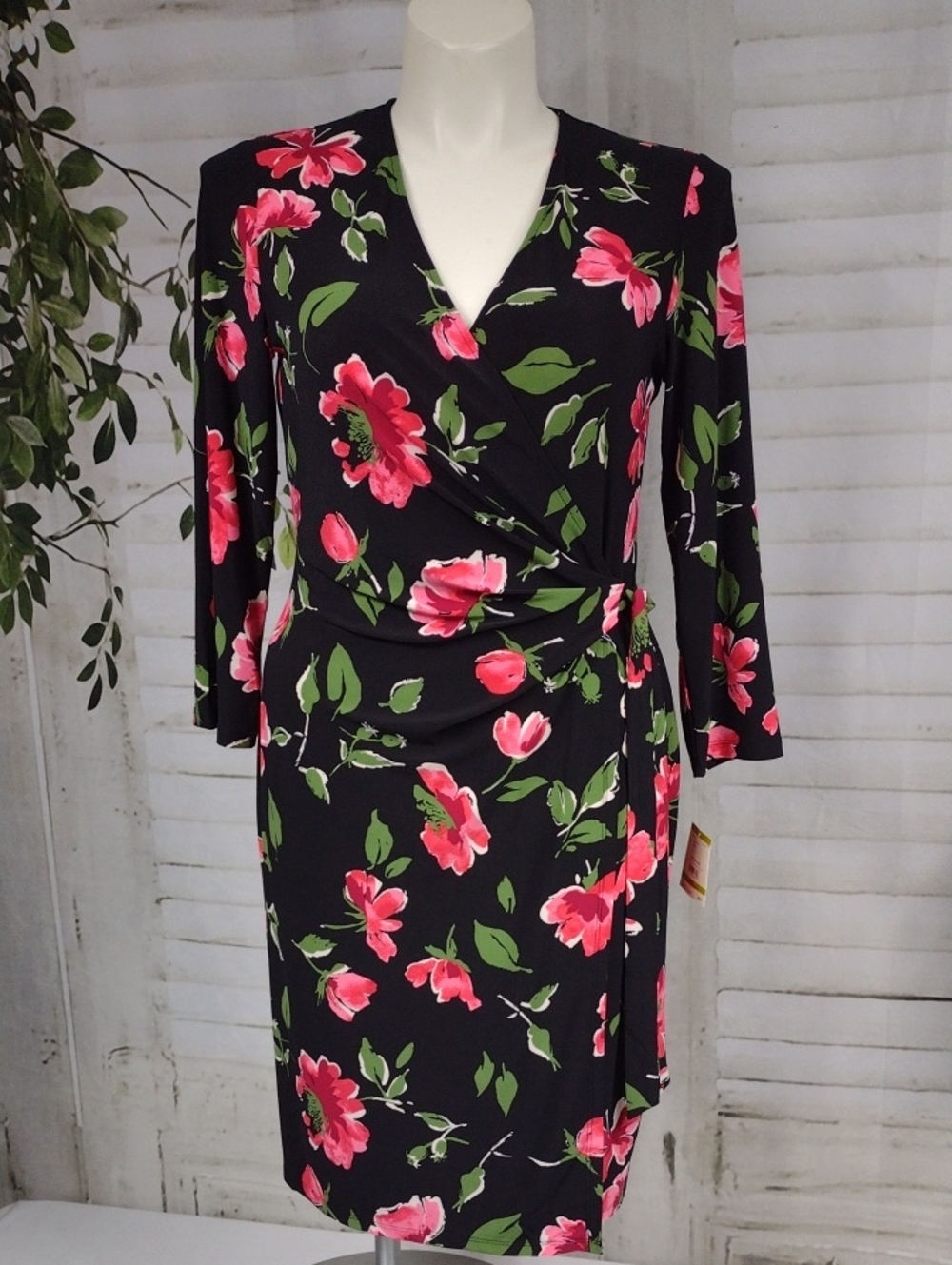 Anne Klein Black Midi Wrap Dress with Pink Floral Print Size 14